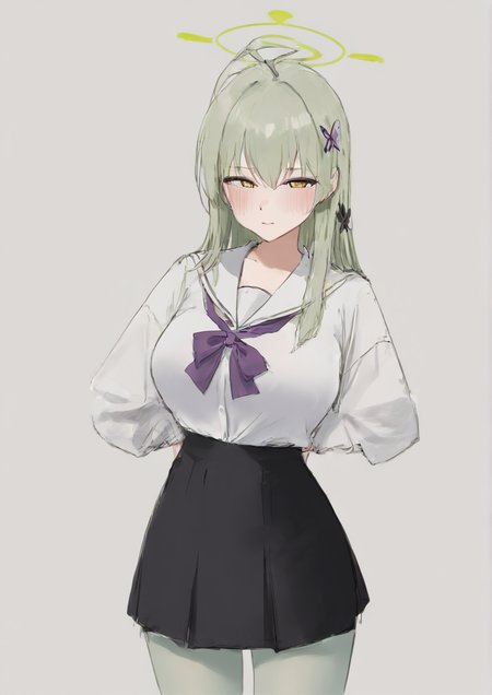 1girl, ibuki fuuko, huge breast, neutral face, ahoge, black skirt, blush, bow, closed mouth, green hair, grey pantyhose, hair bow, holding, long hair, long sleeves, looking at viewer, low-tied long hair, pantyhose, pleated skirt, purple bow, sailor collar, school uniform, serafuku, shirt, skirt, solo, white sailor collar, yellow eyes, yellow shirt,zPDXL3 <lora:ã¬ã®ãã³drawgarbage:1>