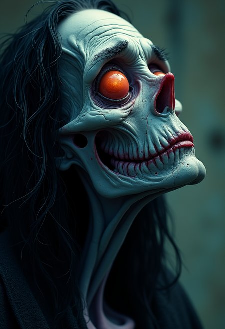 Finely detailed vector illustration. wayang animation by framestore directed by ben hibon, close-up of a lamenting lich widow
