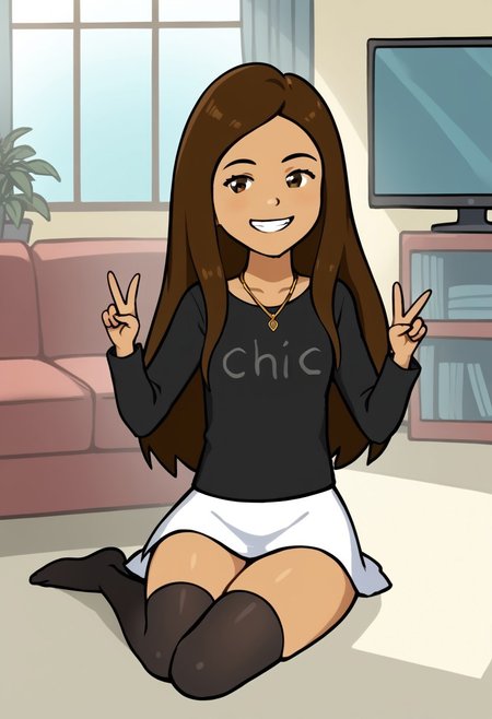 score_9, score_8_up, score_7_up, score_6_up, score_5_up, 
SBJade, 1girl, brown hair, long hair, dark-skinned female, smirk
BREAK, living room, couch, tv, window, detailed background,
Smile, looking at viewer, sitting, legs crossed, teeth, thighs, V, victory pose
black long sleeve shirt, white skirt, necklace, black thigh highs