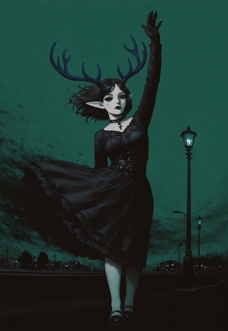 solo, elf ears, antlers, 1girl, wind, goth fashion, [street, night, lamppost], arm over fave, lol misspelling lolol, black lipstick,
green background, black theme,
lukch, no humans, painting_\(medium\), vdsur, surreal, colored background, high contrast, limited palette,
masterpiece