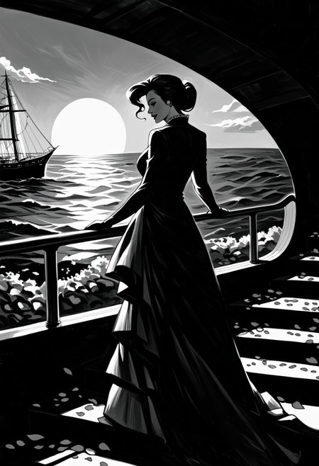 High-detail black and white pencil drawing. A beautiful girl in a magnificent dress made of red flowers descends a staircase. A long train of petals flows behind her. In the background, a seascape at sunset with a ship bearing scarlet sails. Contrasting play of light and shadow emphasizes textures and forms. Wind-blown petals create a dynamic atmosphere. The staircase leads to the sea, symbolizing a transition between worlds. Expressive black and white tones with accents of vivid red on the dress and sails. Style combines realism and romantic fantasy