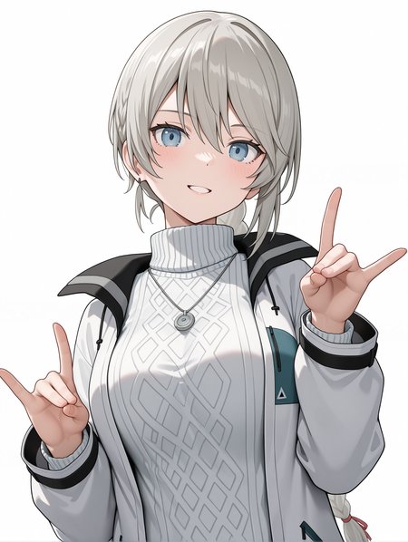 masterpiece,best quality,newest,
1girl,solo,
<lora:ADELAIDE_BLUTHAUSEN_ilxl_v1.0:1>,a_bluthausen,grey hair,blue eyes,braided ponytail,
s_nase,necklace,white jacket,long sleeves,turtleneck sweater,ribbed sweater,
<lora:Fixhands_anime_bdsqlsz_V1:1>,upper_body,:d,parted lips,looking_at_viewer,white_background,simple_background,double fox shadow puppet,