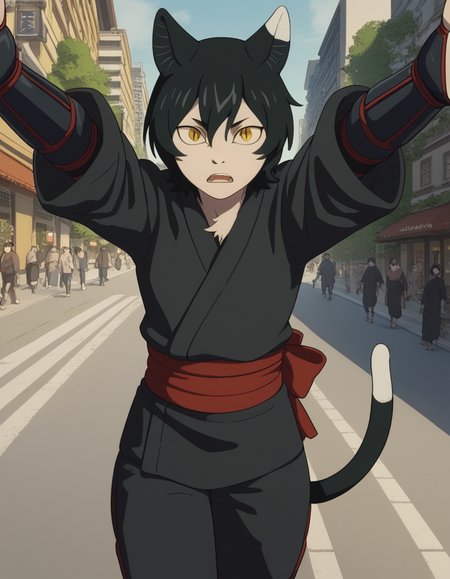 score_9, score_8_up, score_7_up, source_anime, <lora:izutsumi-s1-ponyxl-lora-nochekaiser:1>, izutsumi, black hair, animal ears, tail, yellow eyes, cat ears, cat tail, cat girl, slit pupils,, japanese clothes, gauntlets, ninja, black shirt, black pants,, sidewalk, pedestrians, city, street, walking, , on back, arm support, arms up, incoming hug, pov, reaching, reaching towards viewer,, looking at viewer, solo,, dutch angle, cowboy shot