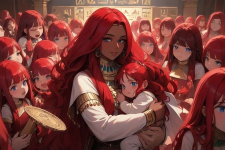 (masterpiece, best quality:1.5), (ultra realistic:1.5), (8k uhd, very high quality:1.5), (extremely detailed face:1.5), (dark skin Egyptian mother holding her infant girl and surrounded by an endless number of her young children:1.5), (everyone has ruby red hair:1.5), (everyone smiling and happy:1.5), (everyone has bright blue eyes:1.5), (everyone has long ruby red hair:1.5), (the woman is surrounded by endless numbers of her young children that fill the entire background:1.5), (the woman is surrounded by an endless number of her young children that fill the entire background:1.5), (everyone has long ruby red hair:1.5) (city background:1.5)