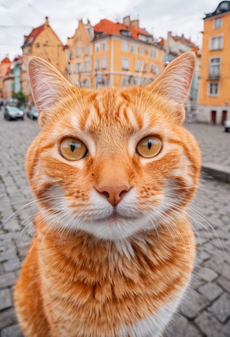 pretty funny cat,take a selfie,looking to camera,kind face,very realistic,city on background,(fluffy:0.2) (ginger:0.2)