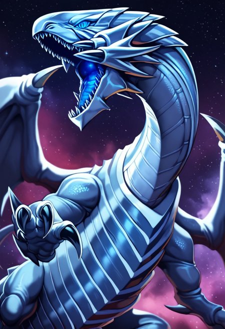 score_9_up, score_8_up, score_7_up, score_6_up, bewd, blue-eyes white dragon, dragon, giant dragon, silver metal scales, metallic scales, realistic metal scales, scaly body, polished scales, reflective metal scales, segmented body, claws, wings, dragon wings, blue eyes, (glowing blue eyes), (Cosmic background)