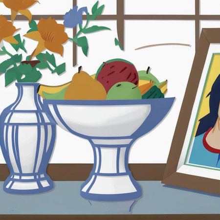 <lora:w3ss:0.9>w3ss still life, picture frame, fruit bowl, flowers in vase,