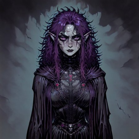 masterpiece, best quality, newest, absurdres, highres, 
INFMixV1.0, solo, solo focus,
ERIDV1.0, 1girl, goth, gothic, goth fashion, elf, coreset, messy hair, scar, scars, scar on face, fantasy, Purple hair, robe, cape, Purple eyes, grey skin, colored skin, grey colored skin,