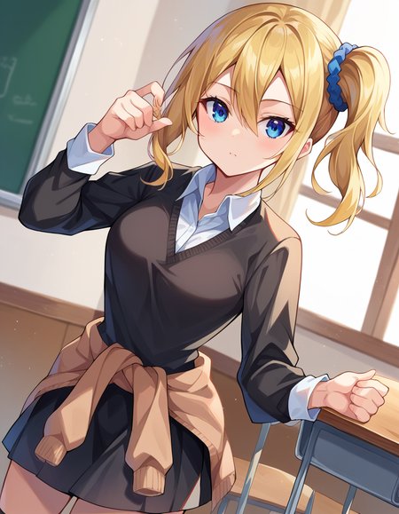 score_9, score_8_up, score_7_up, source_anime,
aihayasaka, <lora:ai-hayasaka-ponyxl-lora-nochekaiser:1>,
ai hayasaka, bangs, blue eyes, blonde hair, hair ornament, hair between eyes, sidelocks, side ponytail, scrunchie, hair scrunchie, blue scrunchie,
shirt, long sleeves, school uniform, shoes, socks, sweater, cardigan, black socks, clothes around waist, shuuchiin academy school uniform, sweater around waist, cardigan around waist,
indoors, classroom,
looking at viewer, cowboy shot, dutch angle, dynamic pose,