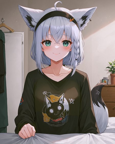 <lora:HOLOLIVE_Fubuki_XL:0.8> fubuki, 1girl, white hair, single side braid, ahoge, piercing,( fox tail:1.2), pentagram, fubukirelax, sidelocks, black t-shirt, black hairband, no pants, black jacket, open jacket, white hair, ahoge, piercing,( upper body:1.2), smile,( blush:1.2),  closed mouth,, <lora:9_Detail_Tweaker_XL:0.8>, score_9, score_8_up, score_7_up, source_anime, masterpiece, best quality, highly detailed background, cinematic lighting, detailed eyes, perfect face,, lazy, teenager room, messy, bedroom, bed sheet, closet,