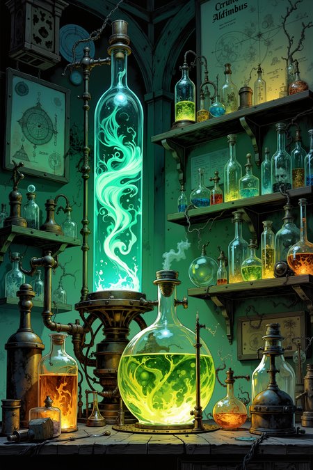 An alchemist's laboratory filled with forbidden experiments glows with an unnatural green light. Crystal containers hold swirling substances that shouldn't exist, while mechanical contraptions of brass and dark metal pump mysterious fluids through glass tubes. The walls are covered in diagrams drawn in glowing ink, while strange shadows move behind frosted glass containers. , detailed background  Fantastic lighting. Detailed shadows.intricate details, vivid colors, hyper-detailed, ultra-sharp, <lora:Dorota_Pietrowiak:0.3> Portrait by Dorota Pietrowiak <lora:Comic book V2:0.8> High-contrast illustration