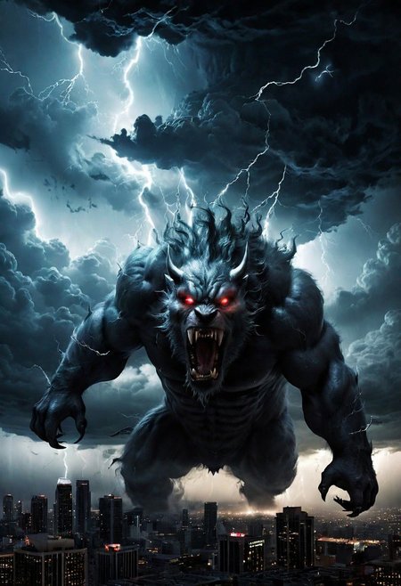 black clouds, rain, lightening, dark, night, ( beast appears from the rolling cloud), The beasts looks down as he towers above the city below,  DEVIL SPAWN