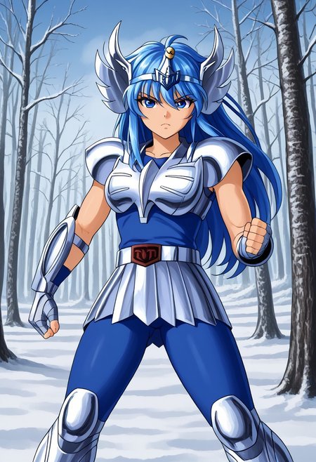 1girl, solo, yugioh eria, blue eyes, blue hair, eyes visible through hair, swan circlet, silver pauldrons, silver armor, fingerless silver gauntlets, circle plated vambrace, belt, silver tassets, blue pants, silver greaves, blue undershirt, belt buckle, outdoors, forest, snow, cowboy shot, serious, dynamic pose