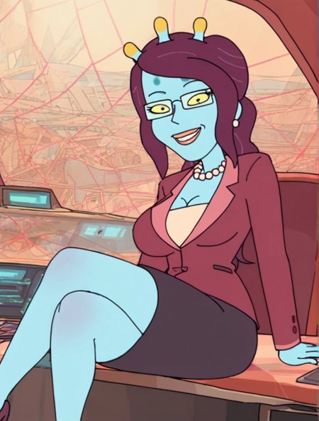 <lora:UnityPony1.1:1> unity, 1girl, blue skin, jewelry, long hair, solo, glasses, pearl necklace, suit, yellow eyes, colored sclera, formal, pencil skirt,spacecraft,  medium breasts,smile, looking at viewer,  monster girl, antennae, earrings, purple hair, breasts, score_9, score_8_up, score_7_up, score_6_up, score_5_up, score_4_up