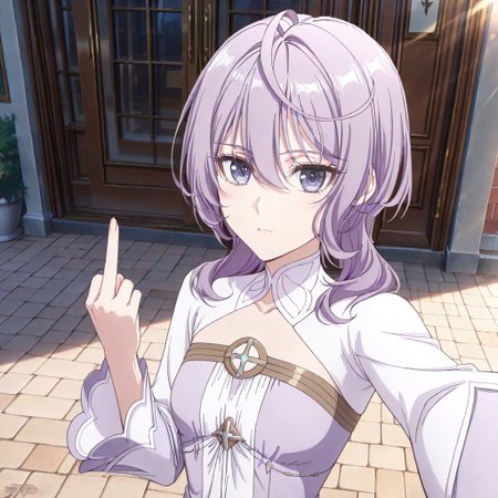 score_9, score_8_up, score_7_up, dynamic view, eye_focus, solo, looking_at_viewer, 1girl, 
masterpiece, best quality, bokeh, luminescent background,
( philiaa denauer,  purple hair, ahoge, long hair, blunt bangs, hair over shoulder, hair betveen eyes, purple eyes, small breasts,   closed mouth, serious face,    dress, two-tone dress, purple dress, white dress, sidelocks, long sleeves, white shoes,
 ),
outdoors, storefront, selfie, outstretched arm, taking picture, reaching towards viewer, upper body, looking at viewer, middle finger