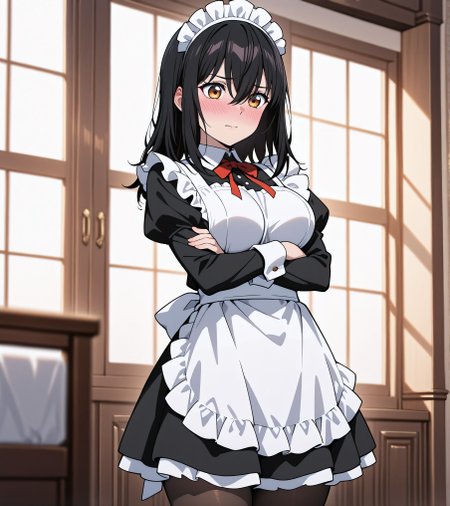 masterpiece,best quality,amazing quality,very aesthetic,absurdres,newest, huge filesize,
<lora:spo_sdxl_10ep_4k-data_lora_webui:0.5>,<lora:add-detail-xl:1>. flat color, anime screenshot,  volumetric lighting, depth of field,
crossed arms,
<lora:maid classic_illustrious_V1.0:0.8> maid, maid apron, maid headdress, puffy sleeves, pantyhose,
BREAK
 blushing, yukina,sexy, large breasts, 
<lora:illustrious_XL_yukina:0.9>