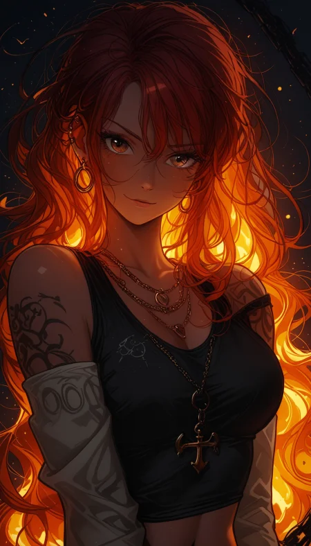 masterpiece,
perfect eyes, vivid colors, vibrant colors,
pinkretroanime, retro art, (lineless:1.5), smooth edges,
, The image depicts an anime-style illustration of a female character with fiery red hair and captivating amber eyes. Her skin tone appears fair, with subtle shading that suggests depth and dimension. She has a high forehead, and her facial features are well-defined, hinting at youthful beauty. Her attire is characterized by a black tank top adorned with intricate patterns and what seems to be a tattoo design on the right shoulder. The clothing style conveys a modern, perhaps edgy fashion sense. Complementing her outfit is a choker-style necklace, adding an element of sophistication. Her right hand rests lightly on her hip, while her left hand gently holds what appears to be a flower or feather, adding a touch of delicacy to the composition. Her body language exudes confidence and poise. The background is a dark sky with subtle hints of orange and red hues near the horizon line, suggesting either sunrise or sunset. The overall color palette of the image is warm, with a focus on reds and oranges, which creates an ambiance that could be described as fiery or intense. The character stands in profile against the backdrop of the sky, allowing for a clear view of her features from the chest up to the waist down. The background's lighting suggests it is late afternoon or early evening, and the angle of the shot is slightly elevated above her head, looking down at her. This perspective emphasizes her height and stature while maintaining an intimate connection between the viewer and the character., nami \(one piece\), 1girl, solo, long hair, breasts, looking at viewer, blush, smile, bangs, large breasts, simple background, shirt, red eyes, long sleeves, navel, cleavage, hair between eyes, bare shoulders, brown eyes, jewelry, medium breasts, very long hair, closed mouth, collarbone, upper body, red hair, earrings, detached sleeves, sleeveless, midriff, dark skin, necklace, off shoulder, orange hair, dark-skinned female, lips, crop top, orange eyes, head tilt, gradient, black shirt, gradient background, eyelashes, sleeveless shirt, tattoo, floating hair, chain, bird, wavy hair, expressionless, piercing, tank top, bug, fire, light smile, black background, messy hair, ear piercing, light particles, tsurime, armlet, pendant, backlighting, curly hair, hoop earrings, anchor symbol, arms at sides, anchor, arm tattoo, shoulder tattoo, black tank top, dark background, chest tattoo, embers, multiple earrings, chain necklace