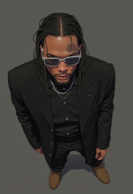 An (upper body portrait) of a 26 year old African american man. He has long black hair in dread locks.  He has silver square frame sunglasses on with dark lenses. He has a short beard. He has a black suit jacket with a with button up shirt underneath. He has a simple silver chain. He has black dress pants and brown shoes. 
(There is a scar over his left eye)