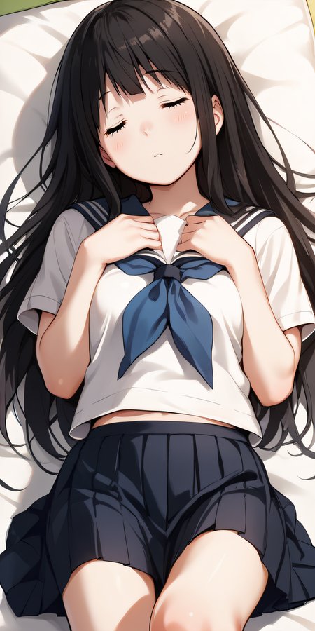 score_9, score_8_up, score_7_up, score_6_up, score_5_up, score_4_up, BREAK source_anime, masterpiece, best quality, ultra quality, <lora:Chitanda_Eru-02:1>, chitanda, black hair, long hair, closed eyes, simple background, frontal view, looking at viewer, blush, white shirt, blue neckerchief, serafuku, pleated skirt, hands on chest, lying, sleeping, parted lips, detailed tabs