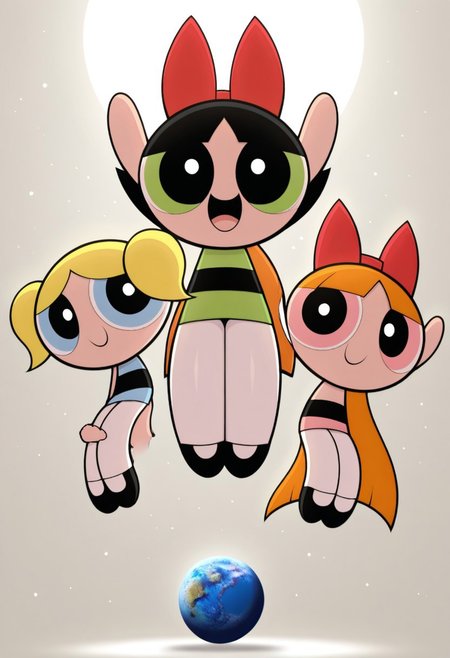 3girls, looking at viewer, smiling, happy, sharp contrast BREAK buttercup \(ppg\), black hair, green eyes, simple background, smile, striped clothes, white pantyhose, looking at viewer, full body, short hair, BREAK, blossom \(ppg\),  open mouth, smile, long hair, pantyhose, full body, chibi, blonde hair, hair bow, black footwear, BREAK, bubbles \(ppg\) , smile, open mouth, solo, twintails, blue eyes, black footwear, pantyhose, looking at viewer, short twintails, closed mouth, striped clothes, shortstack, thick thighs, wide hips, large breasts, saggy breasts, white pantyhose BREAK, planet, space, masterpiece,best quality,amazing quality,very aesthetic,absurdres,(volumetric lighting)