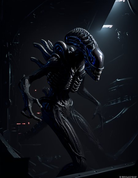 score_9, score_8_up, score_7_up, score_6_up, source_furry, solo, full-length portrait, destroyed spaceship in background, night, digital art,  <lora:Alien_-_Xenomorph_Warrior_PONY:0.8> xenomorph_warrior, xenomorph, tearing through the hull of a ship, backlighting, rimlight, cinematic, action scene, hissing,  <lora:dark_v1.9-pony:1> dark theme, dim lighting, silhouette, dark background, backlighting,  <lora:GwentStyle_v2:0.6> gwentstyle,  <lora:Darkgem_Style_PONY_XL:0.4> darkgem