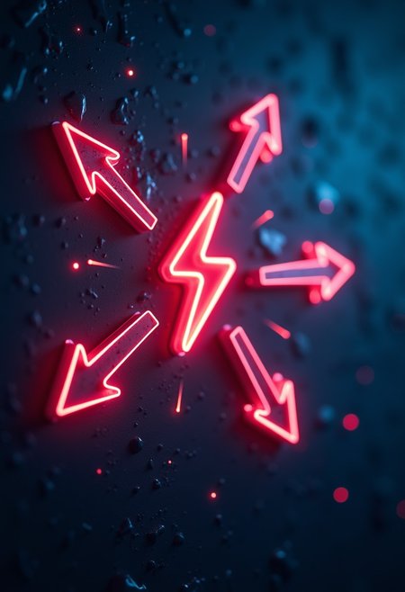 breathtaking highly detailed and professional 
Medium shot, Neon arrows pointing towards a glowing lightning bolt symbol, symbolizing the focus on financial goals and the drive to achieve them. x1080 Camera Angle: Top view Camera Type: High-resolution digital camera