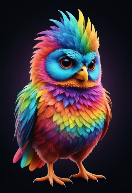 a cute chibby chicken mixed with a owl with big rainbow eyes made out of rainbow fractangles, it wears a cool rainbow bandana, very detailed, 4k, sharp, eating rainbow worms