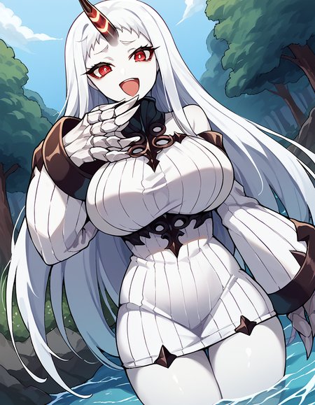 score_9, score_8_up, score_7_up, source_anime, <lora:kancolle-seaport-princess-ponyxl-lora-nochekaiser:1>, seaport princess, red eyes, horns, single horn, striped horn, long hair, white hair, white skin, colored skin, cracked skin, oversized forearms, oversized limbs, skin-covered horns, mature female,, claws, detached sleeves, huge breasts, ribbed dress, short dress, sweater, sweater dress, white dress, white sleeves,, stream, water, rocks, flow, forest, , <lora:ojou-sama-pose-ponyxl-lora-nochekaiser:1>, ojou-sama pose, laughing, smug, hand to own mouth, open mouth,, looking at viewer, solo,, dutch angle, cowboy shot