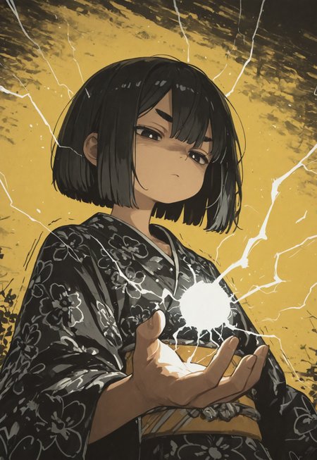 1girl,  electricity, holding out hand, electricity in hand, being electrocuted, girl has pitch black pupils, thick eyebrows, black circles below eyes, bobcut, bored, looking down, girl shaking, flat bangs, hair electrocuted, lightning reflecting on skin, lightning, electricity, shoulder length hair, hair between eyes, black hair, flower pattern kimono, intense lighting, depth of field, intense lines, local color adaptation, sketched background, outside, stormy background, dithering yellow background, hdr, chromatic abberation