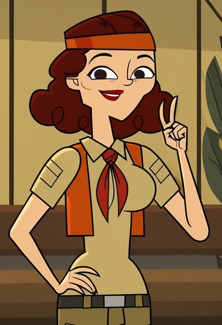 ((room background)),score_9, score_8_up, score_7_up,score_6_up, 
1girl, solo, Lill_DC, light skin, dark brown eyes, dark red hair, shoulder-length hair, fluffy curly hair, orange headband, red lipstick, green beige explorer shirt, orange open waistcoat, red neckerchief, olive-green cargo shorts, black belt, long white socks, dark brown military boots, big eyes, cute, tall stature, social smile, perfect eyes, perfect smile, looking at the viewer, detailed eyes, perfect eyes, standing, big breasts (front pose, front view, bust shot) five fingers, perfect hands, (hand on hip, hand up)