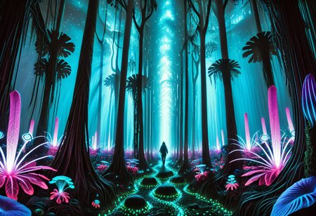 ((best quality, absurdres, newest)),  dramatic light,  (masterpiece, best quality, amazing quality),vivid colors,dramatic lighting,intricate details,action packed,detailed background, A surreal, otherworldly forest under a stormy violet night sky streaked with pale lightning. Towering, fluorescent mushrooms glow in eerie shades of crimson, magenta, and violet, their massive caps pulsing with alien light. Strange, barrel-bodied creatures resembling ancient Ediacaran lifeforms rise from the ground like sentient coral-polyp hybrids, emitting ghostly blue and pink bioluminescence from their undulating tendrils. Twisted, living trees with translucent membranes and feather-like appendages sway rhythmically, as if breathing. The dense jungle teems with bizarre, coiling vines and luminous spores suspended in the air. A lone, cloaked figure with a backpack walks along a glowing path, dwarfed by the surreal lifeforms towering over him — a dreamlike journey through a forgotten dimension, Tribrachidium – Radially symmetrical organism with a triradial (three-fold) symmetry; unique and unlike modern animals.