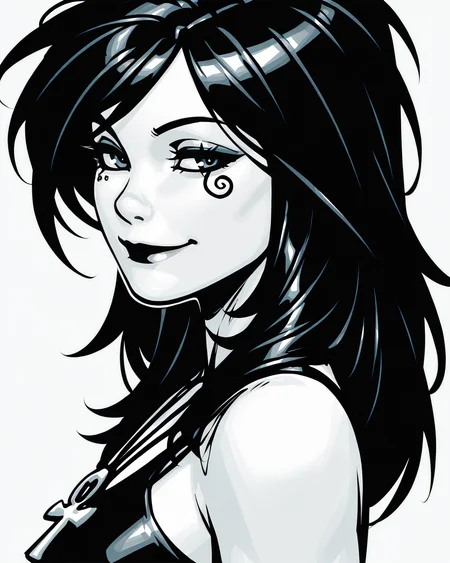 masterpiece, best quality, absurdres, perfect quality, absolutely eye-catching,   <lora:ChrisBachaloIllus:1> bachalo,  <lora:Death of the EndlessilluLoRA:0.8> dethofend, pale skin, colored skin, long hair, ankh necklace, tank top, 1girl, solo, smile, looking at viewer, tattoo under eye, portrait, black hair, monochrome, from side,
