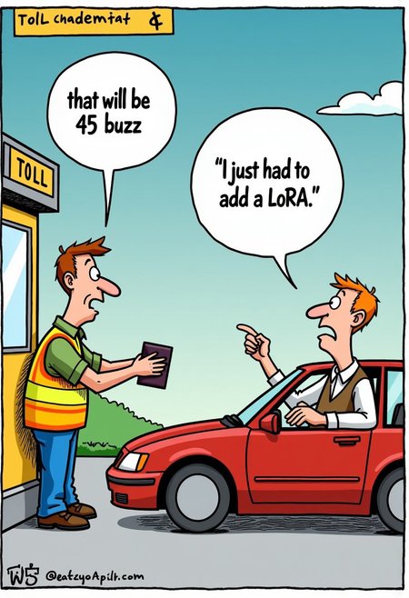 Photorelistic, 
Two men, one man standing in a toll booth wearing a safety vest with a speach bubble reading; "that will be 45 buzz."
The other man is setting in his car at the toll booth angrily handing over his wallet to the man in the toll booth, man in car has a speach bubble reading; "I just had to add a LoRA."