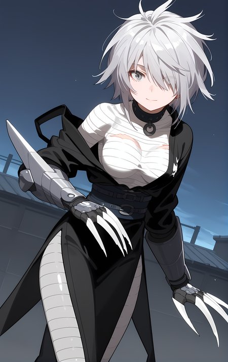 (score_9, score_8_up, score_7_up), standing, leaning forward, looking at viewer, light smile, closed mouth, shiny skin, tight clothes,
ohwx, 1girl, solo, solo_focus, breasts, medium_breasts, hair_over_one_eye, short_hair, white_hair, grey_hair, grey_eyes,
bandages, claw_\(weapon\), claws, torn_clothes, japanese_clothes, choker, sarashi, belt, scar, sash, boots, gauntlets, spikes, long_sleeves,
rooftop, post-apocalypse, dusk,
cowboy shot, dutch angle, close-up,
 <lora:haihane_pony_ss:1>