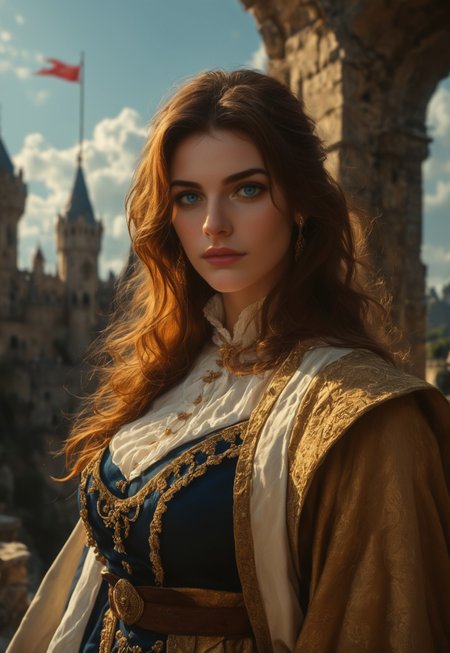 safe_pos, score_9, score_8_up, score_7_up,(beauty 1girl:1.5) valiant knight, shining plate armor, broadsword, long flowing hair, realistic, cinematic angle, cinematic lighting, muscular body, noble face, piercing blue eyes, battle pose
standing in a medieval castle courtyard
BREAK
source_historical_art, rating_general, expressive, full body, dynamic pose
BREAK
detailed beautiful background, ancient stone castle, flying flags, suited knights, dramatic sky, heroic atmosphere
 <lora:add-detail-xl:1>
 <lora:Dynamic Poses:1>
(((full-clothed))), 
rating_explicit, Expressive, (((((upper body))))), dynamic pose
