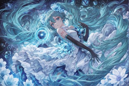 1girl, solo, long hair, hatsune miku, twintails, very long hair, dress, blue hair, gloves, full body, blue eyes, floating, looking at viewer, hair ornament, sleeveless, black gloves, multicolored hair, facial mark, sleeveless dress, flower, parted lips, absurdly long hair, elbow gloves, white dress, hair between eyes, bare shoulders, abstract background, energy , blue blue theme, universe, cowboy shot, ,masterpiece,best quality,amazing quality,
