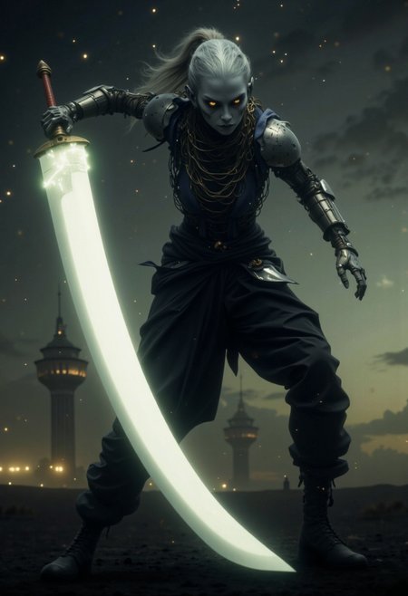 A breathtaking, cinematic shot showcases a terribly beautiful and expertly lethal biosynthetic humanoid woman wielding an unbelievably massive sword more than twice her own size. The scene is set in the dim twilight, with backlighting that creates a dramatic, atmospheric glow, illuminating unknown elements swirling in the air and emphasizing the sharp edges of her frightening visage. The giant sword seems to cut right through the air itself as she swings it with finesse and grace, making every movement almost appear as an extension of herself. Her eyes are mesmerizingly beautiful synthetic creations, though an entirely unnatural color, while her white matte translucent ethereal synthetic skin has a texture almost like frosted glass or polished alabaster. Soft diffused lighting, subtle light scattering, soft refractions, gentle highlight diffusion, muted reflections, and soft-focus translucency contribute to the image's hauntingly beautiful aesthetic. The scene is chilling, intense, and evokes a sense of wonder at this biosynthetic creation's power, grace, and lethality., <lora:Elden_Ring_-_Yoshitaka_Amano:0.6000000000000001>,<lora:apoclypse02-style-000019:0.52> apoclypse,<lora:The_Vanguard:0.44> SentinelBot,  <lora:ssw:0.75> giant sword