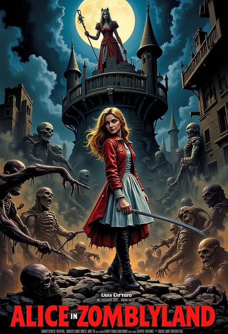 A movie poster. A master-level, highly detailed dark fantasy scene set in a dimly lit, ominous in the heart of a nightmare, Alice (from tale Luis Carrol) stands at the forefront, her figure illuminated by eerie moonlight, ready for battle. Behind her, the headless minions of the undead rise from the ground, summoned by the imposing Zombie Queen of Hearts. The Queen stands elevated on a crumbling, gothic balcony, her bony scepter raised, controlling the horde. Alice, gripping her weapon, wears a torn red leather jacket and combat boots, determined to end the reign of terror. The scene is tense, with swirling fog and dark shadows enhancing the gothic horror. In black-outlined blocky gothic font red text on down of the image is the text, "Alice in Zombyland".