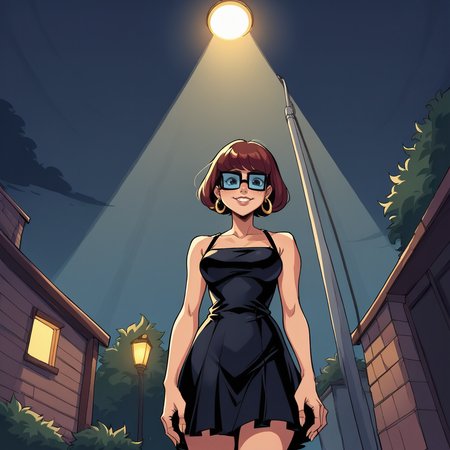 score_9, score_8_up, score_7_up, score_6_up, score_5_up, score_4_up, zPDXL2,source_anime,rating_questionable,1girl,smile,black dress, gold hoop earrings,  Velma Dinkley From Scooby Doo    <lora:streetlight:0.8> str33tl1ght,below lamppost, spotlight, outdoors, night sky