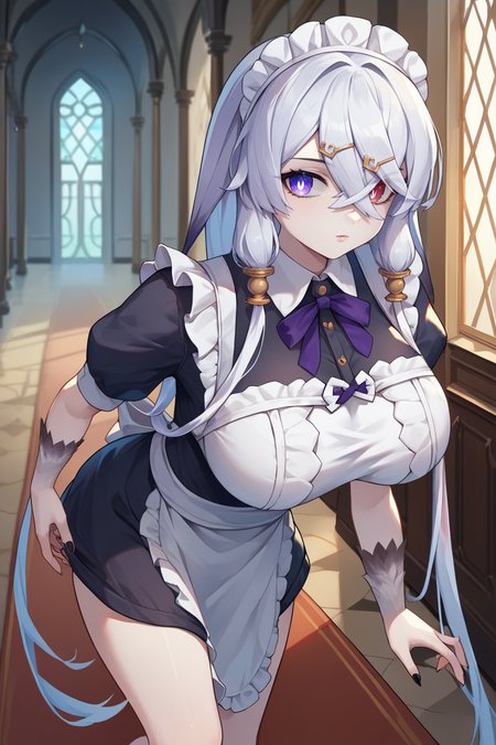 score_9, score_8_up, score_7_up, score_6_up, source_anime, 1girl, solo, <lora:liladecyrus-pdxl-nvwls-v1-000006:1> defLila, white hair, low twintails, very long hair, crossed bangs, heterochromia, purple eyes, red eyes, pale skin, large breasts, maid headdress, maid dress, looking at you, mansion, fur, black nails, hallway, carpet, white apron