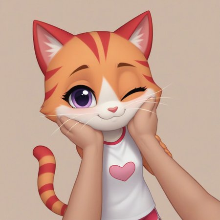 SuperKitties, Anthropomorphic body, Ginny, mammal, furry, orange tabby munchkin, \(artwork\), 2023, solid color background, human hands (skin tone: white peach skin), shaded, portrait, fur, female, biped, short stack, purple eyes, red stripes, cat tail, ears down, brown thin eyebrows, one eye opened, light pink solid color shirt, oversized shirt, one shoulder off, magenta dolphin shorts, looking at the viewer, one eyelash, POV both hands on cheeks, both hand holding, smiling, sad, mouth closed, no hair only fur, shading, oval-shaped head, white whiskers, white vanilla colored hands and feet (paws) close up
