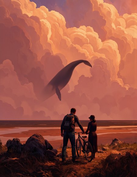 By Artem Chebokha. A digital illustration shoot from a bird's eye view about a dramatic sunset scene featuring two silhouetted figures standing on a grassy hill overlooking a river, with a large, majestic whale in the distance. the scene is set against a vibrant orange and pink sky filled with fluffy, billowing clouds. on the left side of the image, a man stands with his back to the viewer, wearing a backpack and holding a bicycle, while on the right side, a woman stands with her back turned towards the viewer. the man appears to be a adult, with short hair and a serious expression on her face. the woman is wearing a hat and a long dress, and her hair is tied back in a neat bun. she is holding the man's bicycle with both hands, and they are standing close together, looking out over the river. the river below is calm and reflects the warm colors of the sky, creating a serene and peaceful atmosphere. the overall scene is a captivating representation of a beautiful sunset, with the man and woman standing on the hill overlooking the river and the whale.