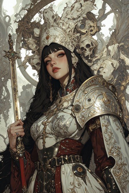 (A highly detailed digital artwork in a fantasy style) A striking female figure radiates an ethereal, otherworldly presence, wearing a flowing white medieval robe adorned with intricate silver attachments, each crafted with delicate, ornate patterns reminiscent of regal craftsmanship. The silver shoulder plates curve gracefully over her form, while a waist chain with elegant filigree accents cinches the robe, and a breastplate with mesmerizing, intricate designs enhances her majestic aura. The robe is modest yet imposing, concealing her figure while exuding an air of authority and dignity. Her long, straight silver-white hair cascades over her shoulders, framing her pale, flawless skin and drawing attention to her piercing, confident gaze. In her right hand, she wields a large, ornate sword with a gleaming silver blade etched with luminous white patterns, its hilt wrapped in shimmering silver cords. Large white feathered wings extend majestically from her back, adding to her angelic yet fearsome presence. The background is a celestial blend of soft white and pale gold, filled with abstract, swirling patterns that echo the intricate details of her armor, creating a harmonious yet dramatic atmosphere. HD, ultra-detailed, 8K quality, masterpiece artwork.A highly detailed, HD digital close-up portrait in a gothic and surreal style, featuring a central female figure with long, sleek black hair cascading down, partially veiling her pale, melancholic face. Her piercing gaze and neutral expression exude an eerie stillness, enhanced by the dramatic contrast of shadows. She wears a deep crimson crop top, the only vivid hue in the artwork, standing out against the intricate black and gray tattoos sprawling across her chest and shoulders. These dark, ornate tattoos seamlessly merge with the surrounding macabre imagery—skulls, twisted bones, and grotesque figures—that coil around her skin and fade into the background. The finely detailed linework, masterful shading, and rich monochromatic depth create a hyper-realistic, three-dimensional effect, immersing the viewer in its haunting beauty. The background is filled with arcane symbols, cryptic letters, and swirling patterns, amplifying the surreal and ominous atmosphere. The composition reflects a modern, edgy interpretation of gothic and tattoo-inspired art, encapsulating both vulnerability and defiant strength amidst overwhelming darkness. This digital masterpiece blends elements of horror, fantasy, and surrealism, delivering a captivating and evocative vision.