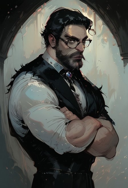 score_9, score_8_up, score_7_up, BREAK, 1 boy, manly,  BREAK goth, goth boy, glasses, victorian goth, muscular, muscular male, elegance, antique, retro style, victorian england, suit, beard, facial hair, old man, mature man, barbarian, sleeveless