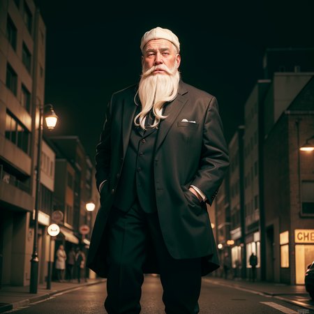 masterpiece, absurdres, high quality, realistic,
Santa Clause, long white beard, white hair, old man,  (newsboy cap:1.2), mafia, standing, looking at viewer, three-piece suit, oxford laced boots, collar shirt, heavy overcoat, cold stare,
street alley, street lights, night,
20 megapixel, detailed, movie grain