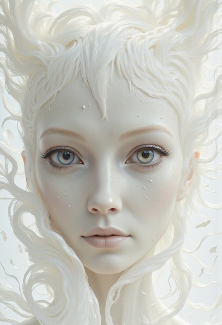 A closeup, surreal, ethereal portrait of a woman with a hauntingly beautiful, almost angelic presence. Her pale complexion is luminescent, blending seamlessly into the pure white background, creating an impression that she is emerging from light itself. Her very large piercing blue eyes are the focal point, their crystalline clarity and soft glow conveying a sense of otherworldly wisdom and calm. Her long lashes are bold and dramatic, contrasting starkly against her porcelain skin, drawing the viewer's gaze deeper into her haunting stare. Her features are delicately sculpted, with high cheekbones, a perfectly straight nose, and soft, full lips that hold a subtle, neutral expression, suggesting serenity and quiet strength. Her platinum-white hair flows and floats softly upwards, emphasizing her celestial appearance. The fine strands are light and wispy, blending seamlessly into the white backdrop with white ashes falling around her, adding to the ethereal atmosphere. The lighting is diffused and even, erasing shadows and creating a minimalistic aesthetic that places full focus on her striking features. The overall composition feels timeless, as if capturing the essence of purity and perfection, with a soft, dreamlike quality that invites introspection and awe. The simplicity of the image enhances its mystique, creating a profound, angelic presence that feels both familiar and otherworldly.