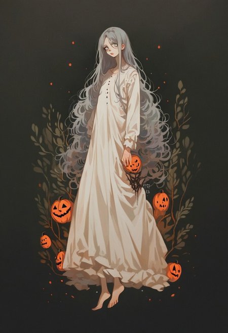 score_9, score_8_up, score_7_up, score_6_up, hllwn, halloween, vintage, source_anime, ((masterpiece, best quality, illustration)), long hair, gray silver white eyes, barefoot, white shirt, plain Gown, petite body, horror cinematic, large eye in background