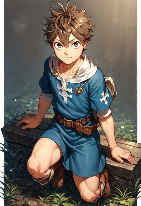score_9, score_8_up, score_7_up, 1boy, solo,  cute boy, brown hair, brown eyes, tunic, belt, bare thighs, boots, Yuki_Tabata_Style