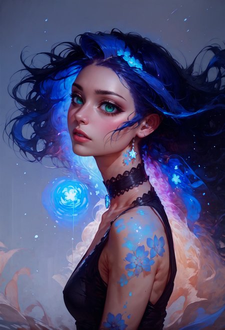 score_9, score_8_up, score_7_up, 1girl, realistic, long hair, wind, galaxy, solo, black dress, floral theme, from front, facing viewer, milky way, (blue glow, purple hue)  <lora:sdxl\Concept Art Twilight Style SDXL_LoRA_Pony Diffusion V6 XL:0.8>, concept art, <lora:sdxl\Expressive_H-000001:0.8>, expressiveH <lora:sdxl\pony_vixon_galaxy:0.7>, g4l4xy <lora:sdxl\sinfully_stylish_SDXL>