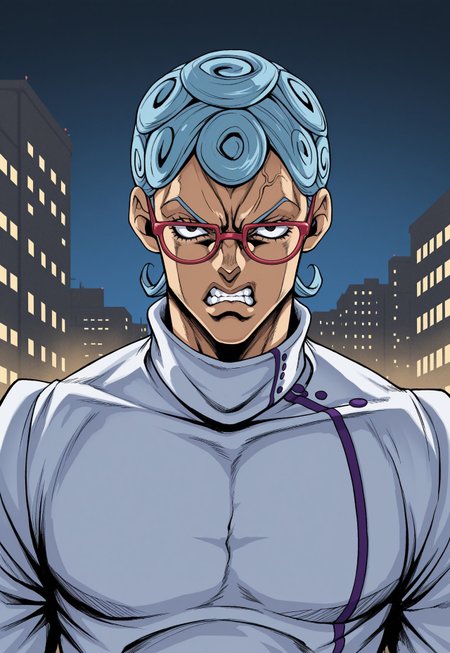 jojo's bizarre adventure, hirohiko araki style,  anime, masterpiece, best quality, detailed background, 8k, 1boy, solo, Ghiaccio, light blue hair, short hair, curly hair, black eyes, red glasses, shirt collar, white shirt, long-sleeved shirt, standing, outdoors, city, night, face focus, close-up, angry, teeth, clenching teeth, tilting head, half body, glaring at viewer, no pose,